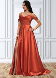 Sophronia A-line Off the Shoulder Sweep Train Satin Prom Dresses With Rhinestone BF2P0022208