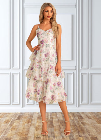 Trudie A-line V-Neck Tea-Length Chiffon Bridesmaid Dress With Cascading Ruffles Floral Print BF2P0022567