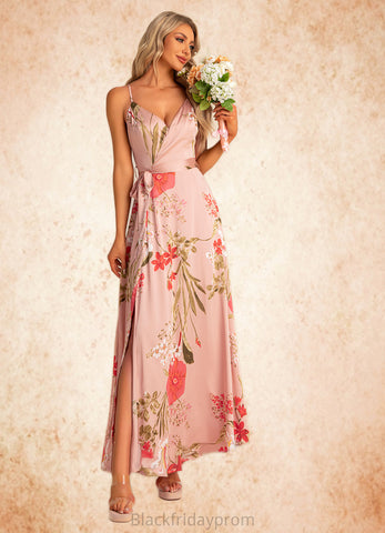 Audrey A-line V-Neck Floor-Length Asymmetrical Satin Bridesmaid Dress With Floral Print BF2P0022568
