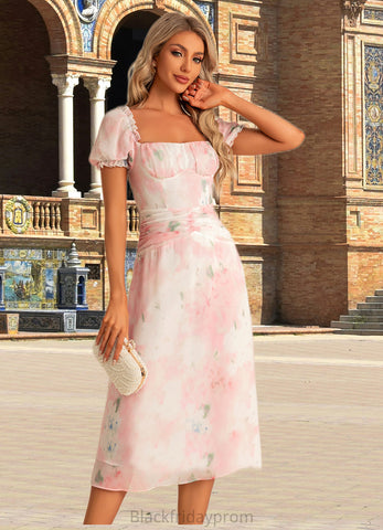Rylie A-line Square Tea-Length Chiffon Bridesmaid Dress With Floral Print BF2P0022570