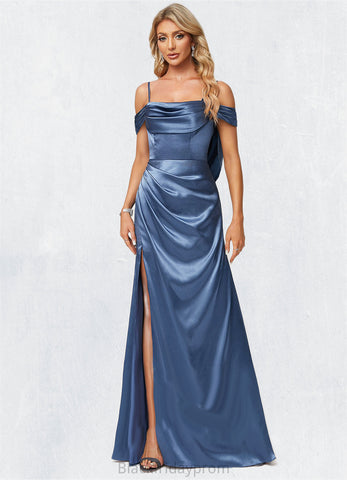 Brynlee A-line Cold Shoulder Floor-Length Stretch Satin Bridesmaid Dress With Ruffle BF2P0022578