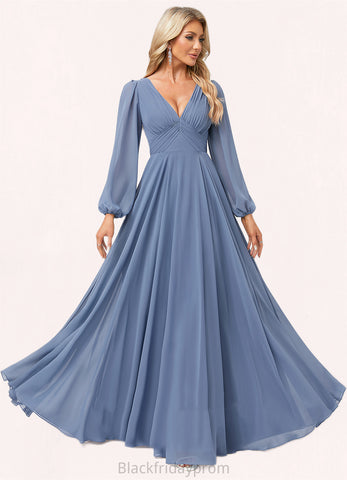 Precious A-line V-Neck Floor-Length Chiffon Bridesmaid Dress BF2P0022579