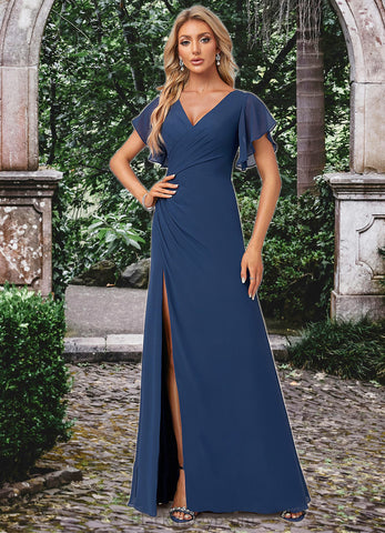 Aubrey A-line V-Neck Floor-Length Chiffon Bridesmaid Dress With Ruffle BF2P0022582