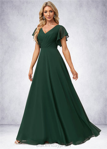 Campbell A-line V-Neck Floor-Length Chiffon Bridesmaid Dress With Ruffle BF2P0022591