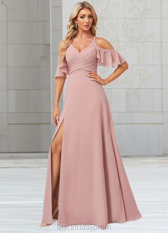 Josie A-line Cold Shoulder Floor-Length Chiffon Bridesmaid Dress With Ruffle BF2P0022599