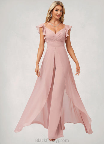 Adrianna Jumpsuit/Pantsuit V-Neck Floor-Length Chiffon Bridesmaid Dress With Ruffle BF2P0022600