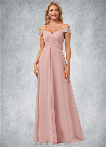 EmeryPiper A-line Cold Shoulder Halter Floor-Length Chiffon Lace Bridesmaid Dress BF2P0022601