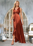 Madalyn A-line V-Neck Asymmetrical Stretch Satin Bridesmaid Dress With Ruffle BF2P0022606