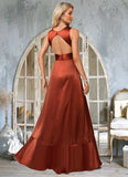 Madalyn A-line V-Neck Asymmetrical Stretch Satin Bridesmaid Dress With Ruffle BF2P0022606