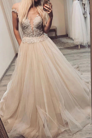 Long Prom Dresses A-line V-neck Off-Shoulder Tulle Pageant Gown