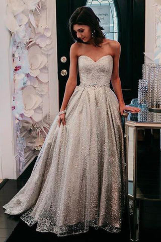 Sparkly A-line Sweetheart Silver Prom Dresses Long Formal Gown