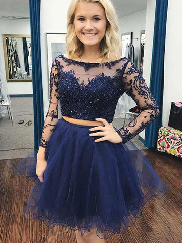 2024 Ball Gown Two Piece Bateau Homecoming Dresses Jacey Neck Long Sleeve Applique Beading Organza Cut Short/Mini