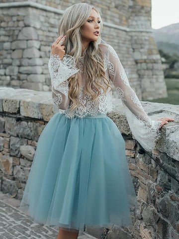 Two Piece See Through Scoop Neck Long Homecoming Dresses Evelin Lace Sleeve Tulle Ball Gown Knee-Length