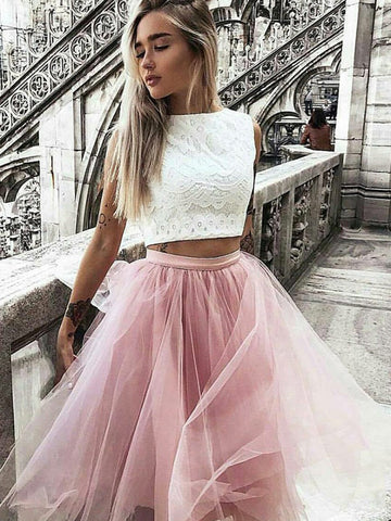 Halter Jewel A Line Amirah Two Pieces Lace Pink Homecoming Dresses Tulle Pleated Sleeveless