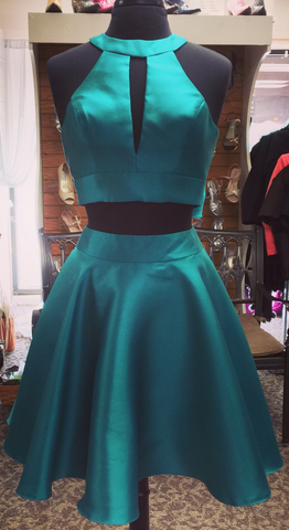 Halter Sleeveless Cut Out Bow Knot Teal A Line Satin Two Pieces Yoselin Homecoming Dresses Pleated