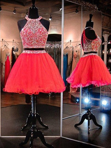 Sleeveless Pleated A Line Joslyn Two Pieces Homecoming Dresses Organza Red Halter Rhinestone Backless