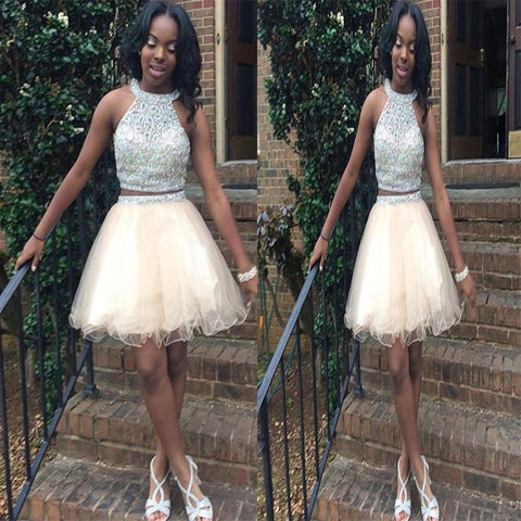 A Line Ivory Homecoming Dresses Louisa Two Pieces Halter Organza Sleeveless Rhinestone Beading