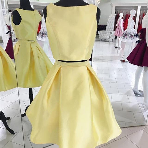 Bateau Sleeveless Pleated Simple Light A Line Satin Annalise Homecoming Dresses Two Pieces Yellow