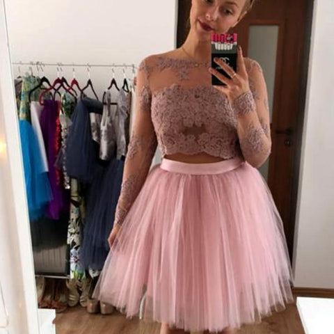 Bateau Long Sleeve Appliques Tulle Lace Pink Homecoming Dresses Two Pieces Gertrude A Line Pleated