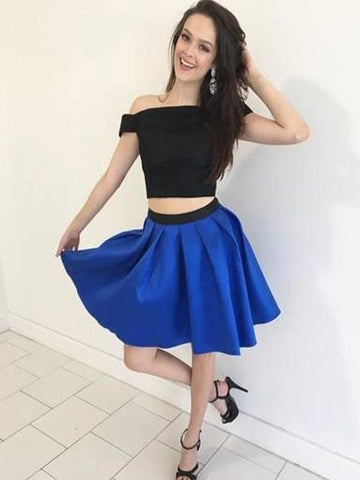 Off The Homecoming Dresses Nyla Satin Two Pieces Royal Blue A Line Shoulder Pleated Elegant
