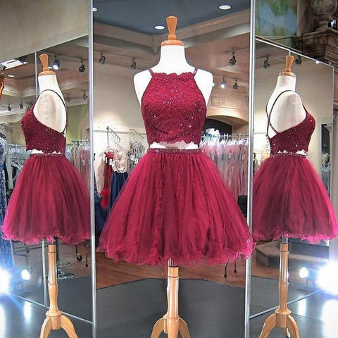 Burgundy Beading Two Pieces Homecoming Dresses Laurel A Line Halter Criss Cross Backless Organza