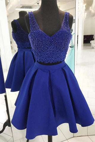 V Neck Satin A Line Vera Two Pieces Homecoming Dresses Royal Blue Sleeveless Beading Backless