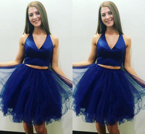 Royal Blue Two Pieces Homecoming Dresses A Line Pam V Neck Sleeveless Pleated Organza