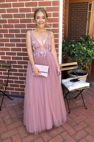 A-line V-neck Long Prom Dresses Tulle Formal Dresses with Appliques