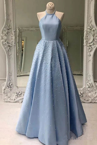 Light Blue Beading Halter Long A-line Elegant Prom Dresses For Teens