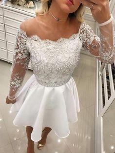Homecoming Dresses Micah New Arrival A-Line Round Neck Long Sleeves White Pearls Short CD396