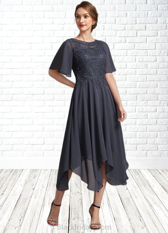 Kylee A-Line Scoop Neck Tea-Length Chiffon Lace Mother of the Bride Dress With Sequins BF2126P0014830