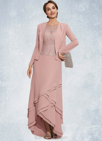 Roberta A-Line Scoop Neck Asymmetrical Chiffon Lace Mother of the Bride Dress With Cascading Ruffles BF2126P0014845