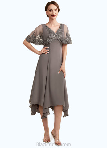 Lana A-Line V-neck Tea-Length Chiffon Lace Mother of the Bride Dress With Beading Sequins BF2126P0014852