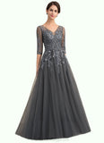 Aurora A-Line V-neck Floor-Length Tulle Lace Mother of the Bride Dress With Beading Sequins BF2126P0014895