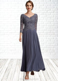 Bella A-Line V-neck Ankle-Length Chiffon Lace Mother of the Bride Dress BF2126P0014899