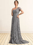 Mikaela A-Line Square Neckline Sweep Train Chiffon Lace Mother of the Bride Dress BF2126P0014903