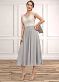 Ruby A-Line V-neck Tea-Length Chiffon Lace Mother of the Bride Dress With Beading BF2126P0014919