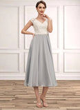 Ruby A-Line V-neck Tea-Length Chiffon Lace Mother of the Bride Dress With Beading BF2126P0014919