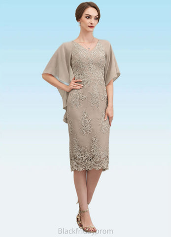 Evie Sheath/Column V-neck Knee-Length Chiffon Lace Mother of the Bride Dress With Cascading Ruffles BF2126P0014925