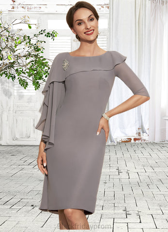 Carlie Sheath/Column Scoop Neck Knee-Length Chiffon Mother of the Bride Dress With Crystal Brooch Cascading Ruffles BF2126P0014943