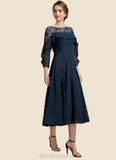 Clara A-Line Scoop Neck Tea-Length Chiffon Lace Mother of the Bride Dress With Beading Cascading Ruffles BF2126P0014952