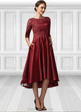 Renata A-Line Scoop Neck Asymmetrical Satin Lace Mother of the Bride Dress With Sequins Pockets BF2126P0014962