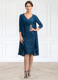 Millie Sheath/Column V-neck Knee-Length Chiffon Lace Mother of the Bride Dress With Crystal Brooch BF2126P0014972