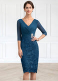 Millie Sheath/Column V-neck Knee-Length Chiffon Lace Mother of the Bride Dress With Crystal Brooch BF2126P0014972