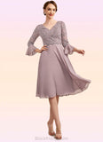 LuLu A-Line V-neck Knee-Length Chiffon Lace Mother of the Bride Dress With Sequins Cascading Ruffles BF2126P0014977