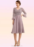 LuLu A-Line V-neck Knee-Length Chiffon Lace Mother of the Bride Dress With Sequins Cascading Ruffles BF2126P0014977