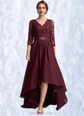 Cadence A-Line V-neck Asymmetrical Chiffon Lace Mother of the Bride Dress With Beading Sequins BF2126P0014980