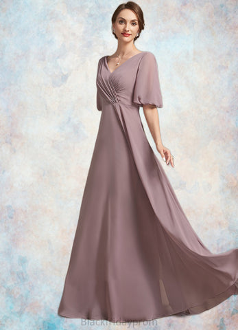 Marie A-Line V-neck Floor-Length Chiffon Mother of the Bride Dress With Ruffle BF2126P0014992