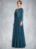 Addison A-Line V-neck Floor-Length Chiffon Lace Mother of the Bride Dress With Beading Sequins BF2126P0015004