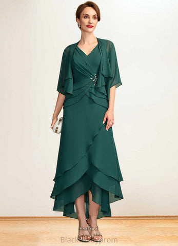 Molly A-Line V-neck Asymmetrical Chiffon Mother of the Bride Dress With Beading Sequins Cascading Ruffles BF2126P0015005